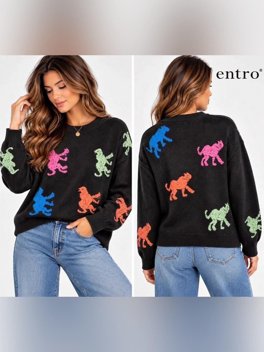 Entro Black Multicolor Cat Leopard Knit Sweater Small Animal Print Crewneck